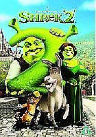 Shrek 2 DVD cover featuring Shrek, Donkey, Puss in Boots, and Fiona.