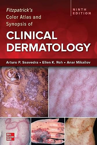 Book cover for Fitzpatrick's Color Atlas and Synopsis of Clinical Dermatology featuring medical skin conditions.