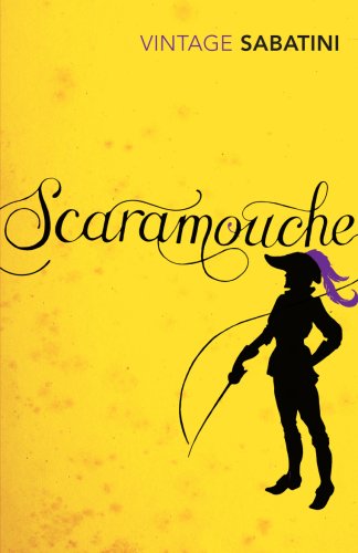 Yellow book cover with purple script title "Scaramouche" and silhouetted figure.