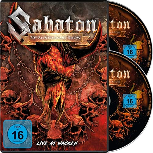 Blu-ray case for Sabaton's 20th Anniversary Show, featuring skull and horns imagery.