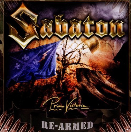 "Album cover with 'Sabaton' in gold lettering, blue flag, and war imagery."