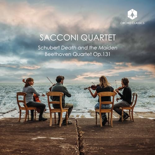 CD cover featuring the Sacconi Quartet playing string instruments by the sea.