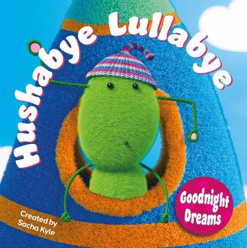 Green cartoon creature with a striped hat on a blue background.