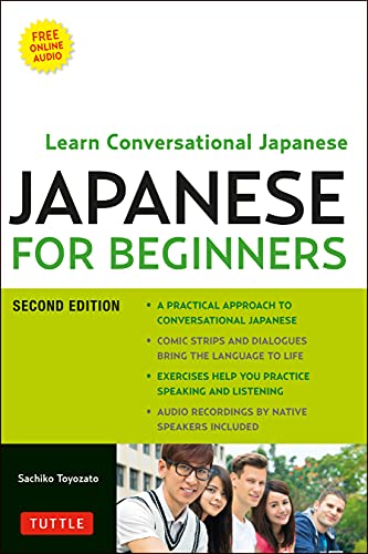 Book cover: "Japanese for Beginners," second edition, with people and headphones.