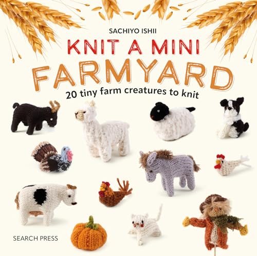 Book cover featuring various small knitted farm animals and a pumpkin on white background.