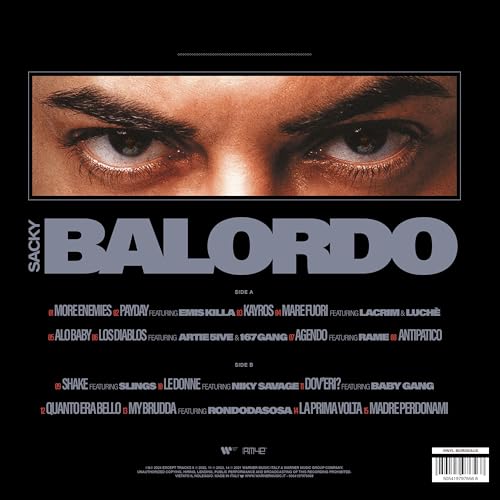 Vinyl record cover for "Balordo" by Sacky, featuring intense eye close-up.