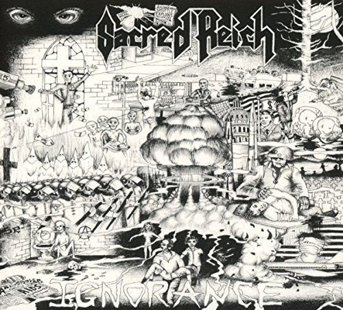Black and white album cover depicting chaotic scenes of war and protest.
