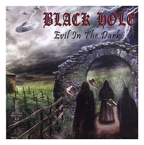 Album cover: hooded figures stand before a stone archway and UFOs.