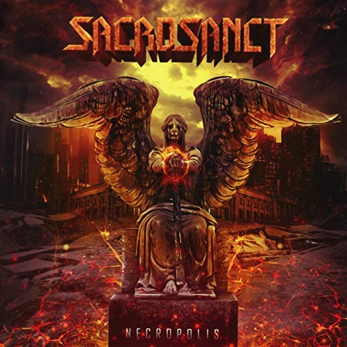 CD cover for Sacrosanct’s “Necropolis” featuring a winged statue in ruins.