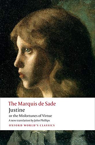 Book cover featuring a portrait of a young woman and the title Justine.