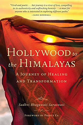 Book cover: woman with orange fabric, title “Hollywood to the Himalayas.”