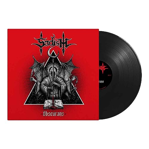 Red album cover with black gothic imagery and a black vinyl record.
