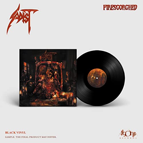 Sadist āFirescorchedā vinyl record with dark, fiery album art.