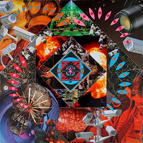 Collage of surveillance cameras, eyes, and fiery, fragmented imagery.
