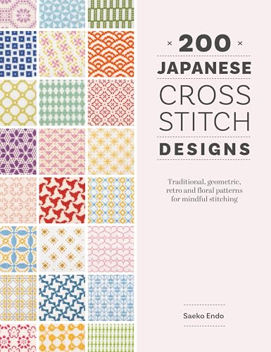 Book cover showing a grid of colorful Japanese cross stitch patterns on light background.