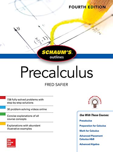 Precalculus textbook cover with equations, a ribbon, and the Schaum's Outlines logo.