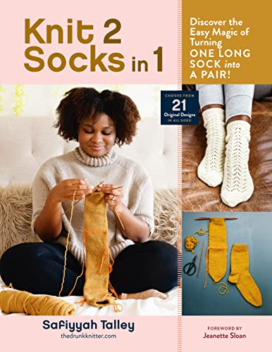 Book cover featuring a knitter with socks and knitting supplies.