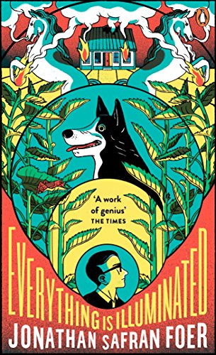 Book cover illustration featuring a dog, a house, two horses, and a man's profile.