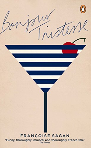 "Book cover with a blue striped martini glass and cherry on beige background."