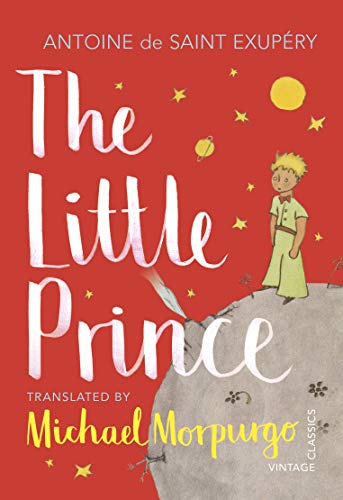 Book cover: "The Little Prince" with a boy and starry red sky.