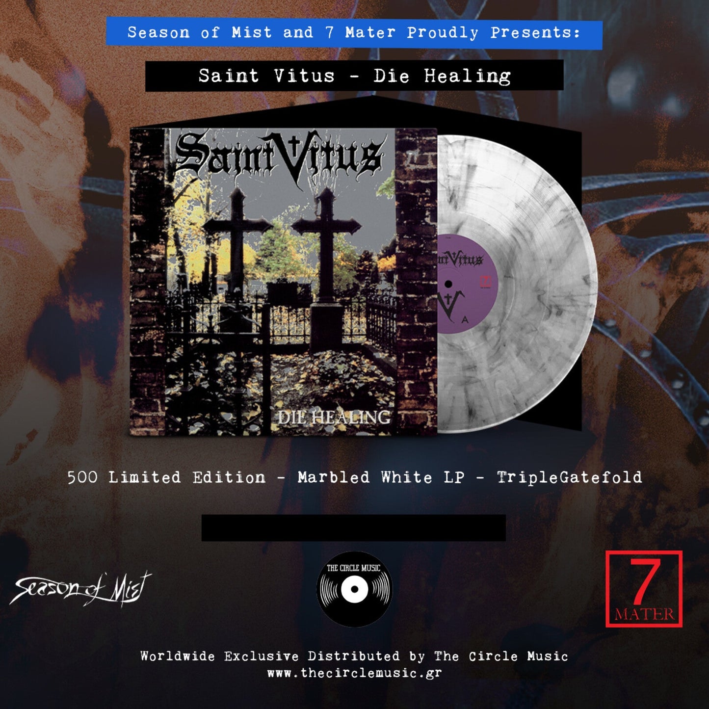 Vinyl record and album cover featuring a cemetery with crosses and a marbled disc.