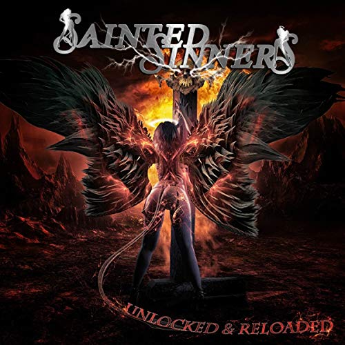 Album cover for Sainted Sinners, featuring a winged figure in a fiery landscape.