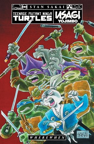 TMNT and Usagi Yojimbo characters in dynamic action pose, comic cover.