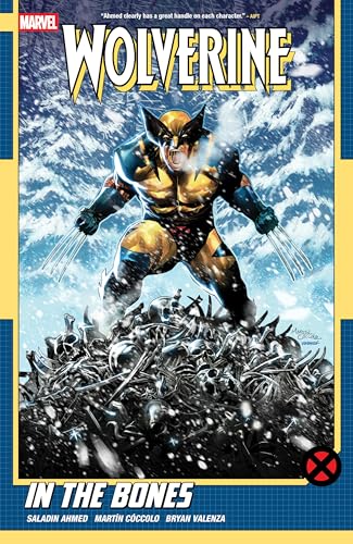 Wolverine claws extended, standing on skulls, comic book cover art.