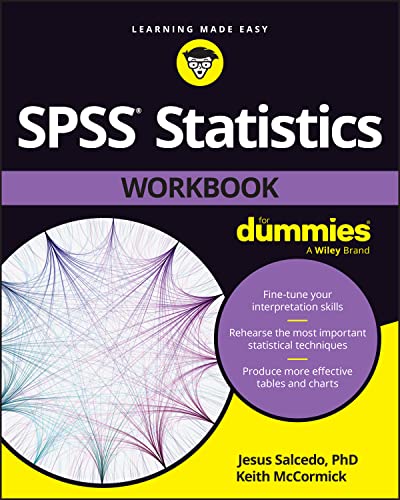 Book cover for SPSS Statistics Workbook For Dummies with abstract circular graphic designs.