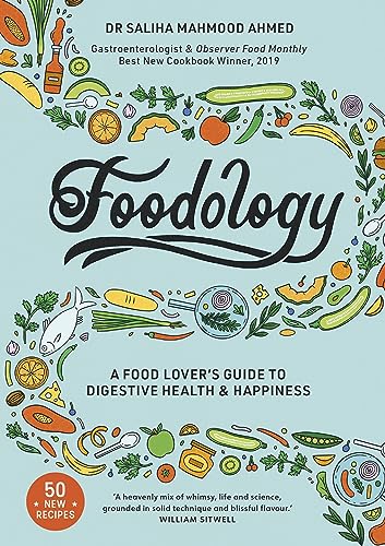 Book cover: “Foodology” with illustrations of fruits, vegetables, and fish.