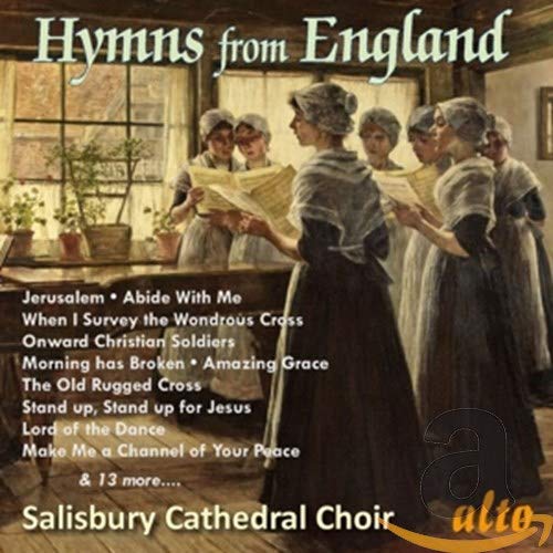 CD cover: women in period dress singing hymns, titled “Hymns from England”.