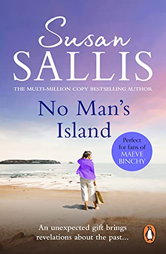 Book cover: "No Man's Island" by Susan Sallis, woman walking on beach.