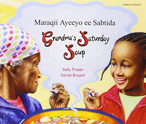 An elderly woman and a young girl eating soup together on a book cover.