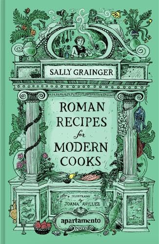 Book cover: "Roman Recipes for Modern Cooks" with illustrated Roman-style border.