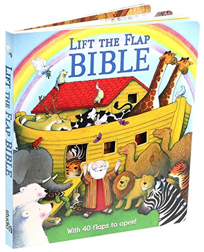 “Lift the Flap Bible” cover with Noah’s Ark and animals, colorful illustration.