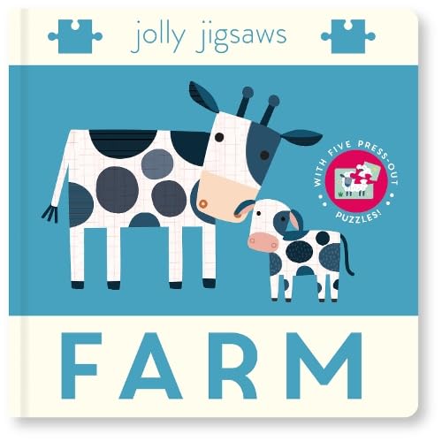 Cover of Jolly Jigsaws Farm book featuring a cow and calf illustration.