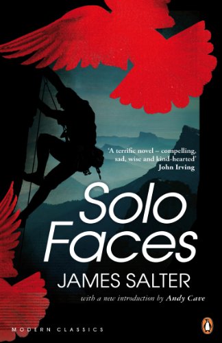 Book cover: silhouetted climber with red wings, title “Solo Faces” by James Salter.