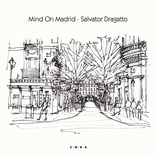 Black and white sketch of a Madrid street scene, album cover art.