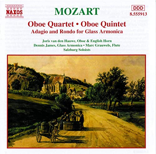 CD cover forL featuring Mozart's Oboe works and a landscape painting of a village.