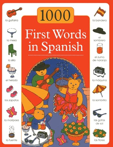 Colorful children's book cover, "1000 First Words in Spanish," with bears.
