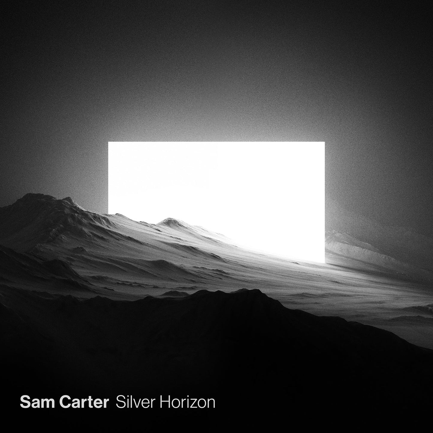 Black and white album cover with mountains and a bright rectangle.