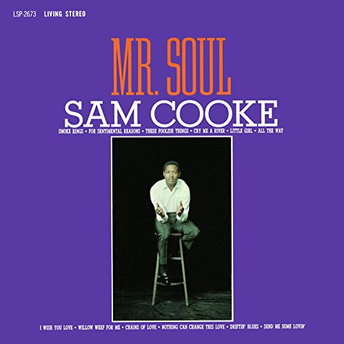 Sam Cooke’s “Mr. Soul” vinyl album cover, purple background, seated artist.