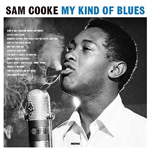 Black and white album cover of Sam Cooke singing into a vintage microphone with smoke.