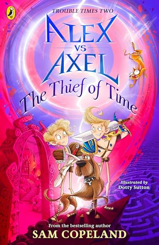 Book cover: two boys, a dog, and a cat amidst swirling colors and a castle.