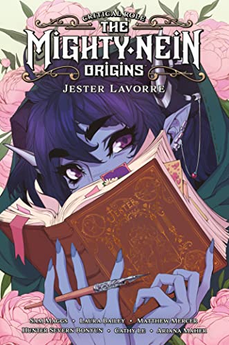 Book cover featuring Jester Lavorre, a blue-skinned tiefling, with flowers.