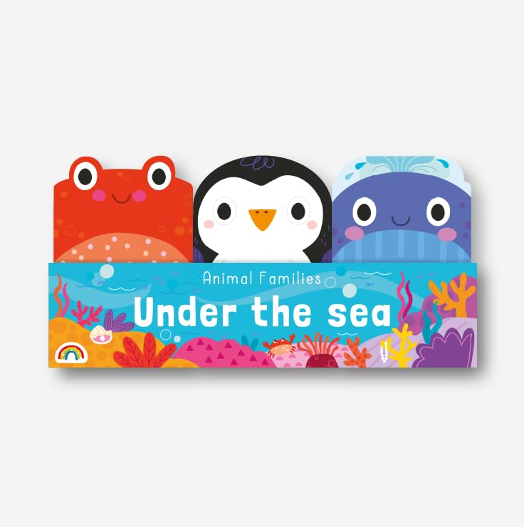 Book tray featuring cartoon crab, penguin, and whale with ocean scene.