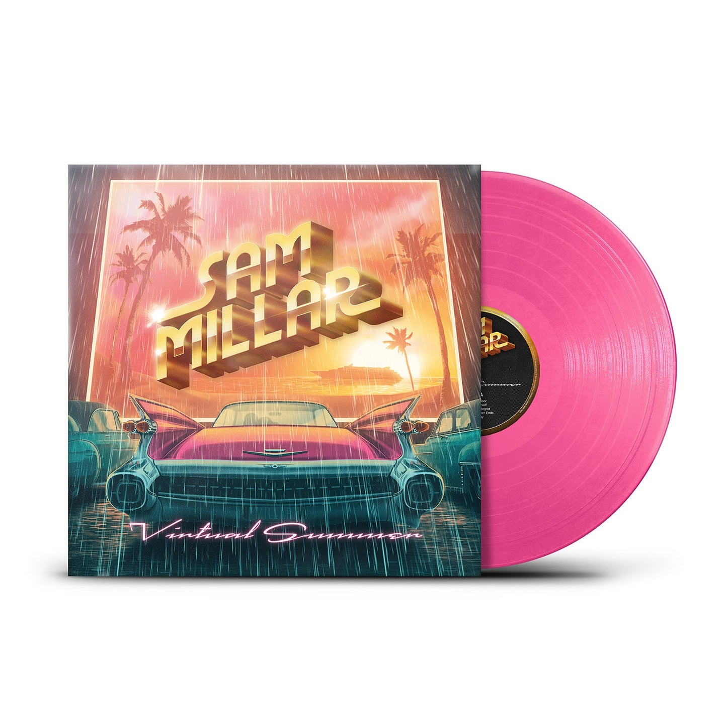 Pink vinyl record with album cover featuring a car and palm trees.