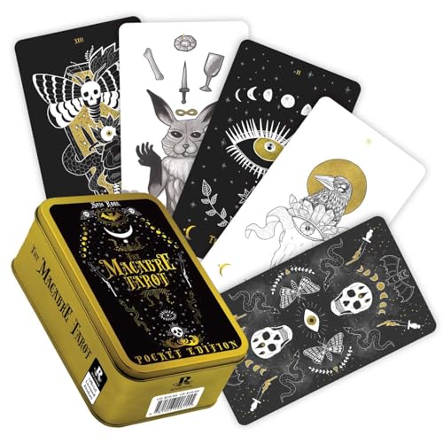 Black and gold tarot cards with skull and animal imagery in a tin.