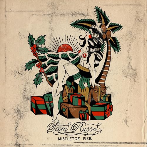 Vintage-style album cover with a woman, palm tree, and gift boxes.