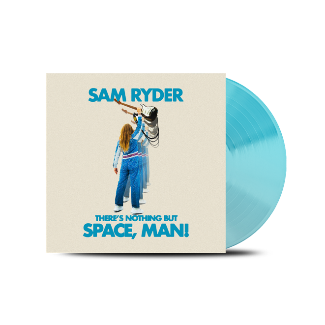 Sam Ryder album cover featuring a figure in a blue jumpsuit with a guitar.